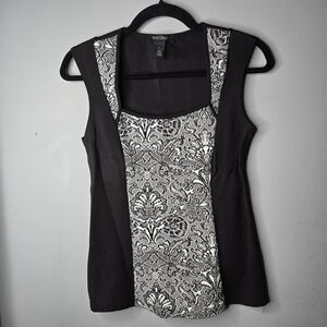 White House Black Market Sleeveless Black & White Brocade Panel Top Size S Work